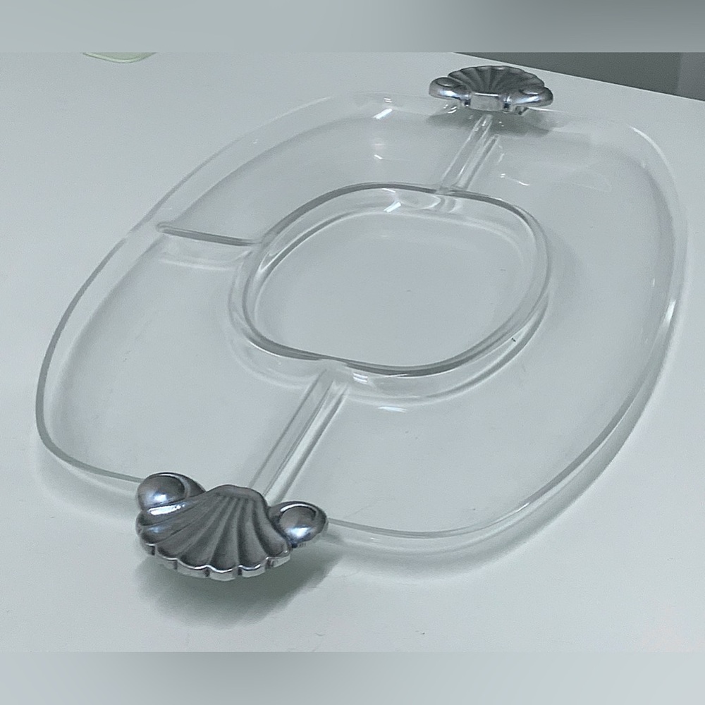 1980s Vintage Grainware Metal Handled Clear Acrylic Lucite Divided Serving Plate